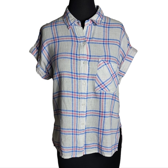 Rails whitney button down short sleeve plaid high low top size medium - Picture 1 of 9